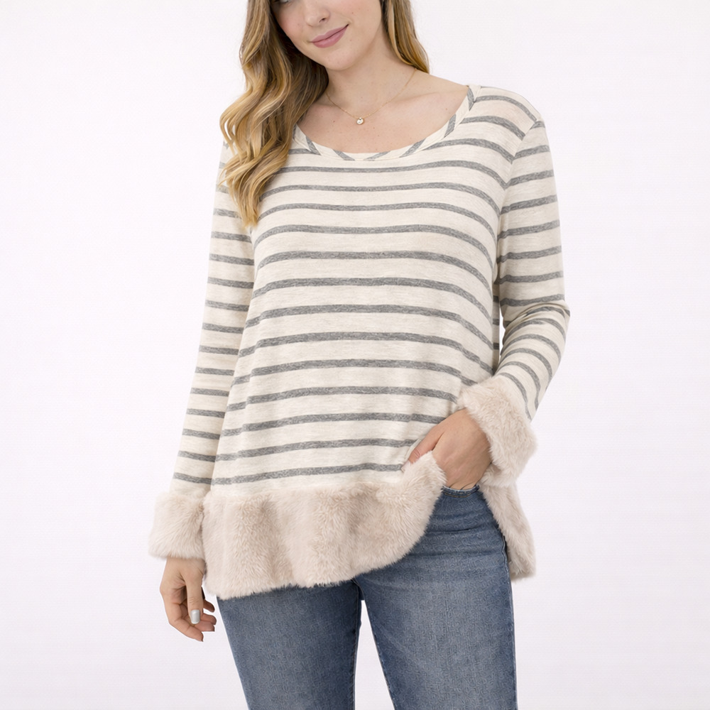 Anthropologie Maeve Astor Faux Fur Top XL Gray Striped Plush Cozy